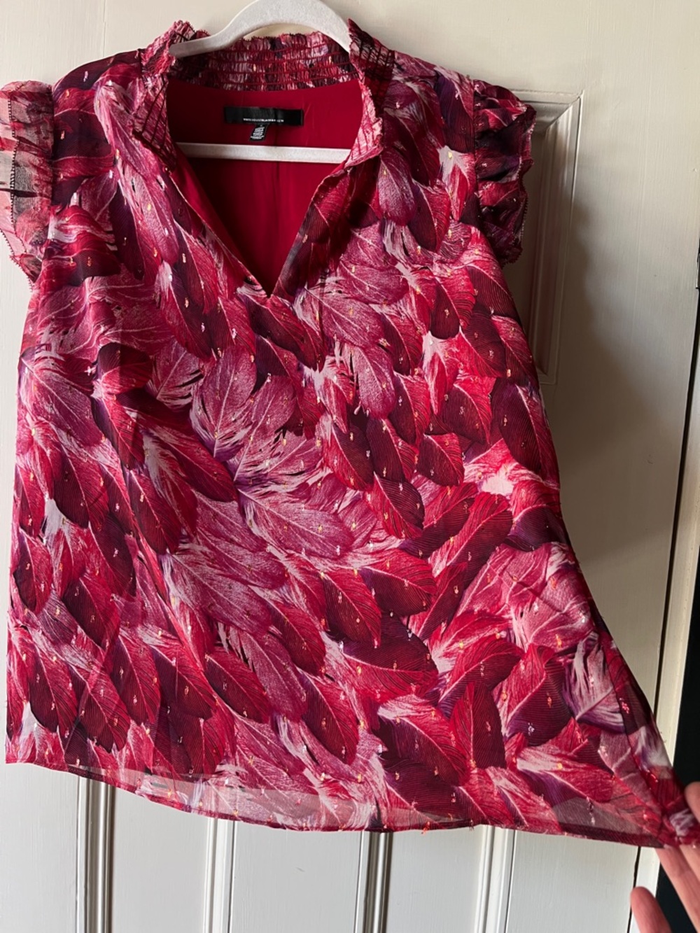 White House Black Market Red Feather-Print Ruffle Cap Sleeve Blouse